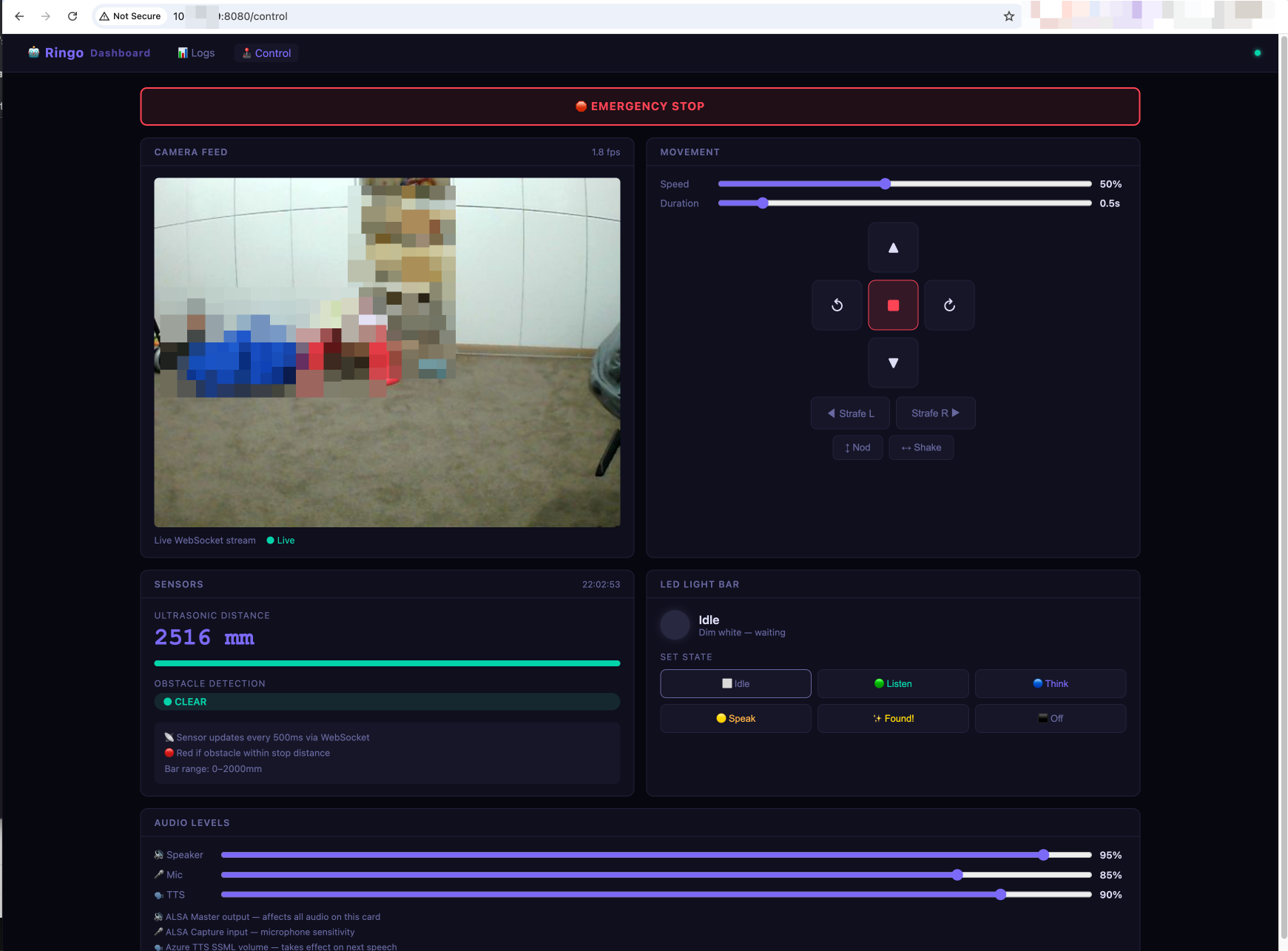 Ringo Control, live camera feed, movement controls, sensors, and LED states