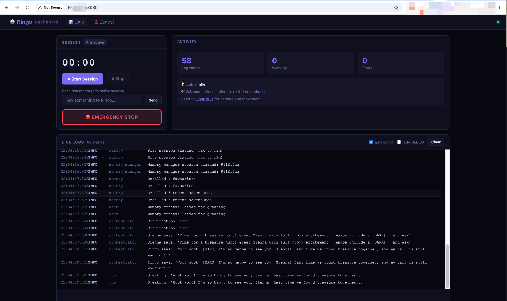 Ringo Dashboard, session control and live agent logs