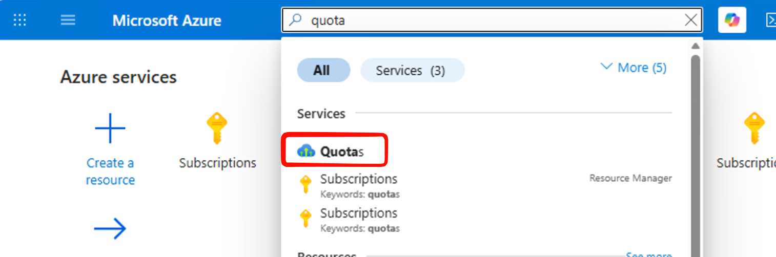 Search for the Quotas service in the Azure portal