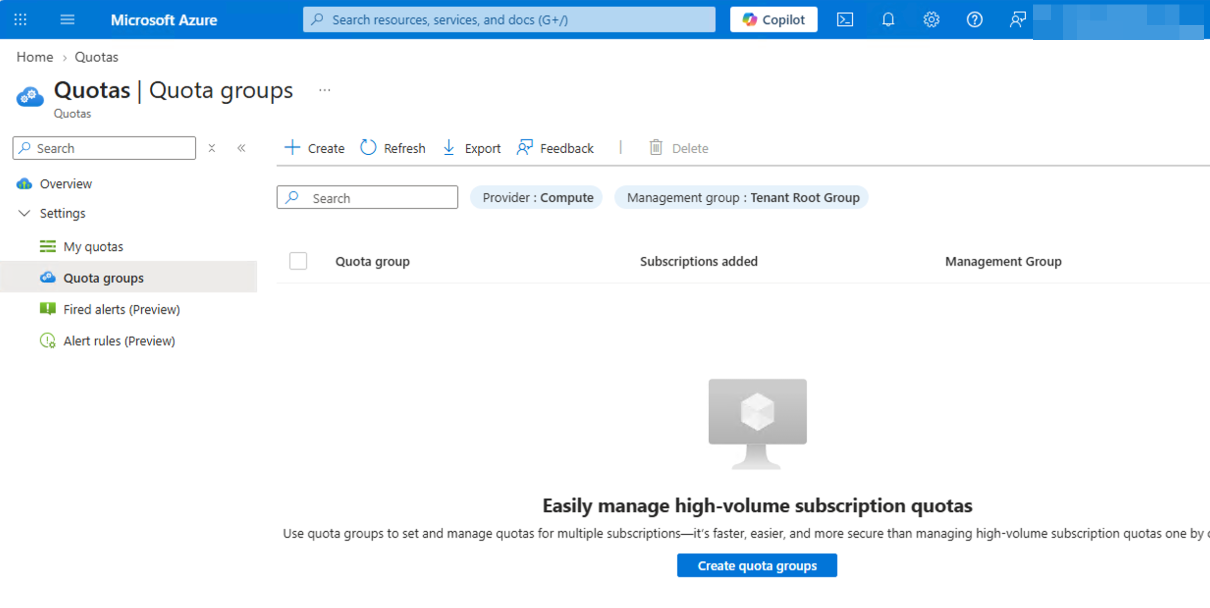 Quota groups list and management-group selection