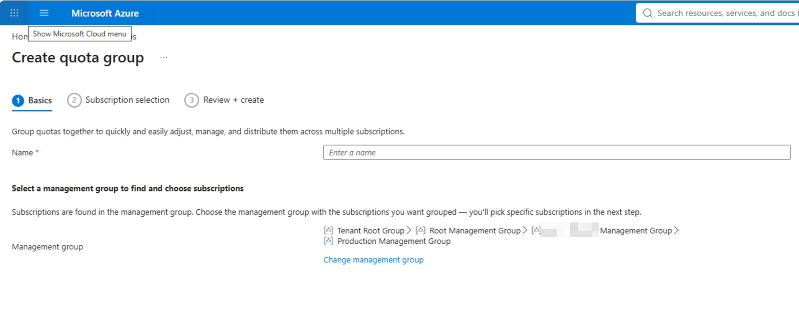 Create quota group Basics form