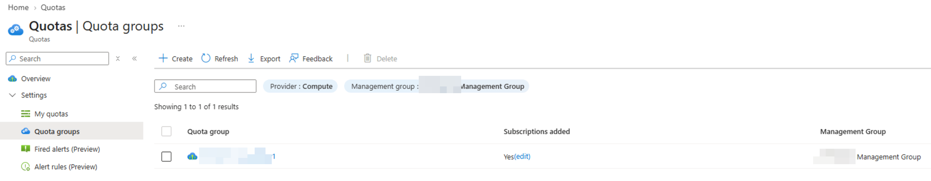 Newly created quota group in the list