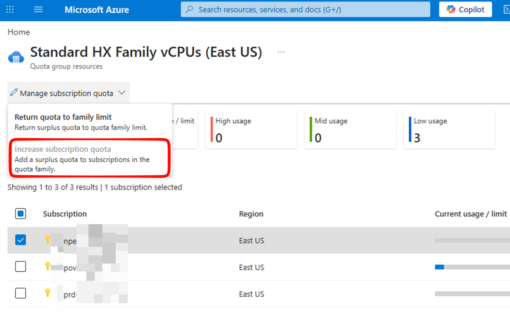 Increase subscription quota action for a selected destination
