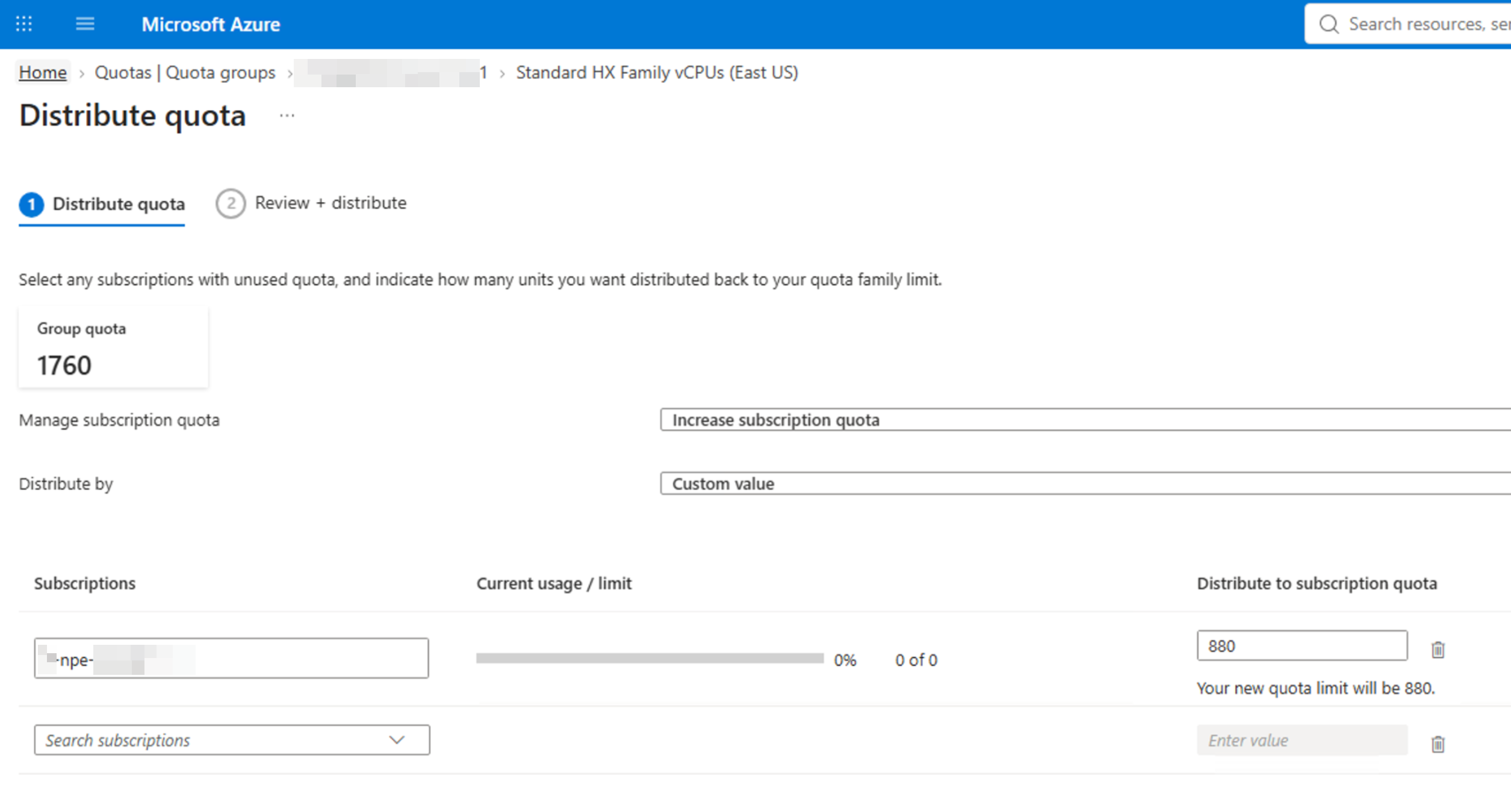 Allocate group quota to a destination subscription
